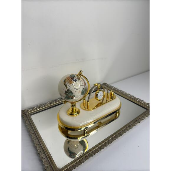 Vintage Semi-Precious Gemstone Globe with Clock Business Card & Pen Holder, Desk - Picture 9 of 10